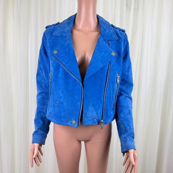 Women's SL8 Genuine Suede Asymmetric Zipper Accent Crop Moto Jacket Blue Size MD - Picture 3 of 17